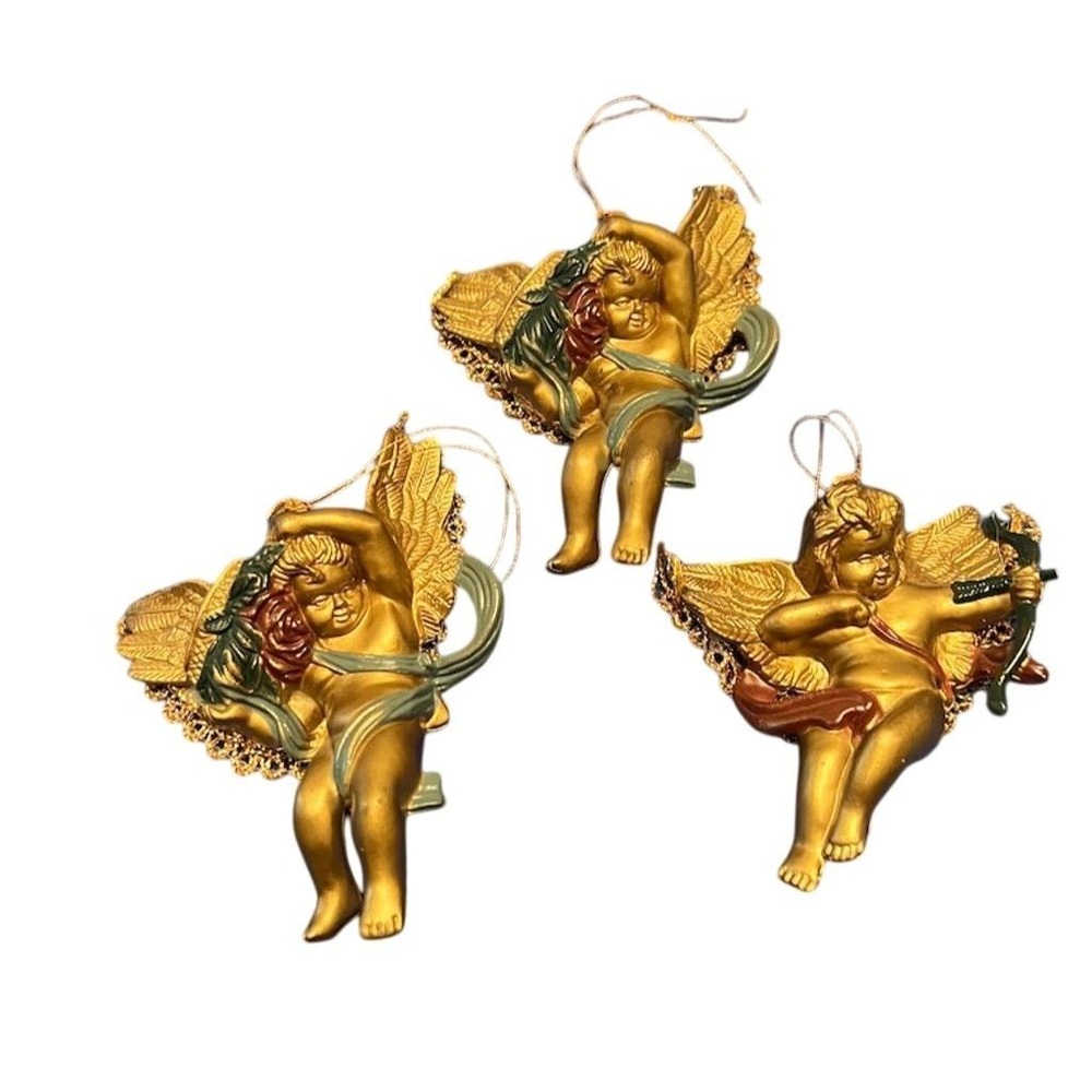 Bombay Co. Gold‎ Cherub Angel Christmas Ornaments Set of 3 Vintage 90s